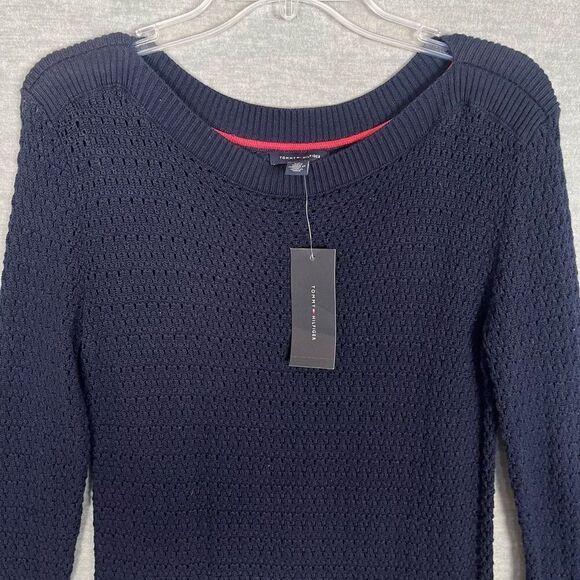 Tommy Hilfiger Open Knit Sweater Womens Small Navy Blue Tunic Crew Fisherman NWT - Picture 2 of 8